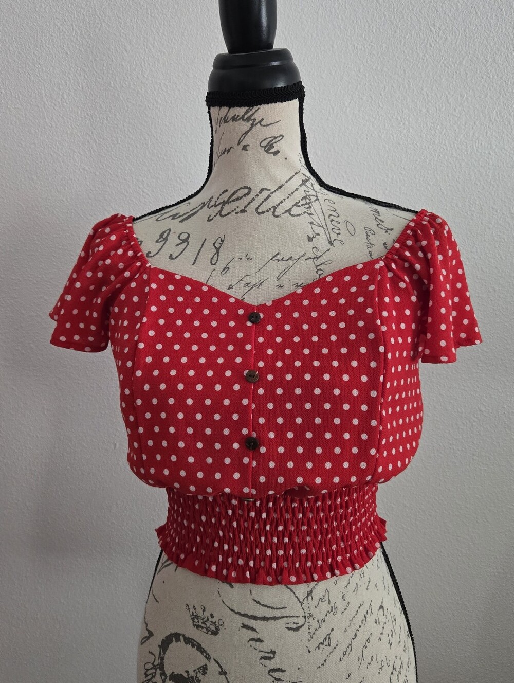 Red Polka Dot Smocked Crop Top with Button Front